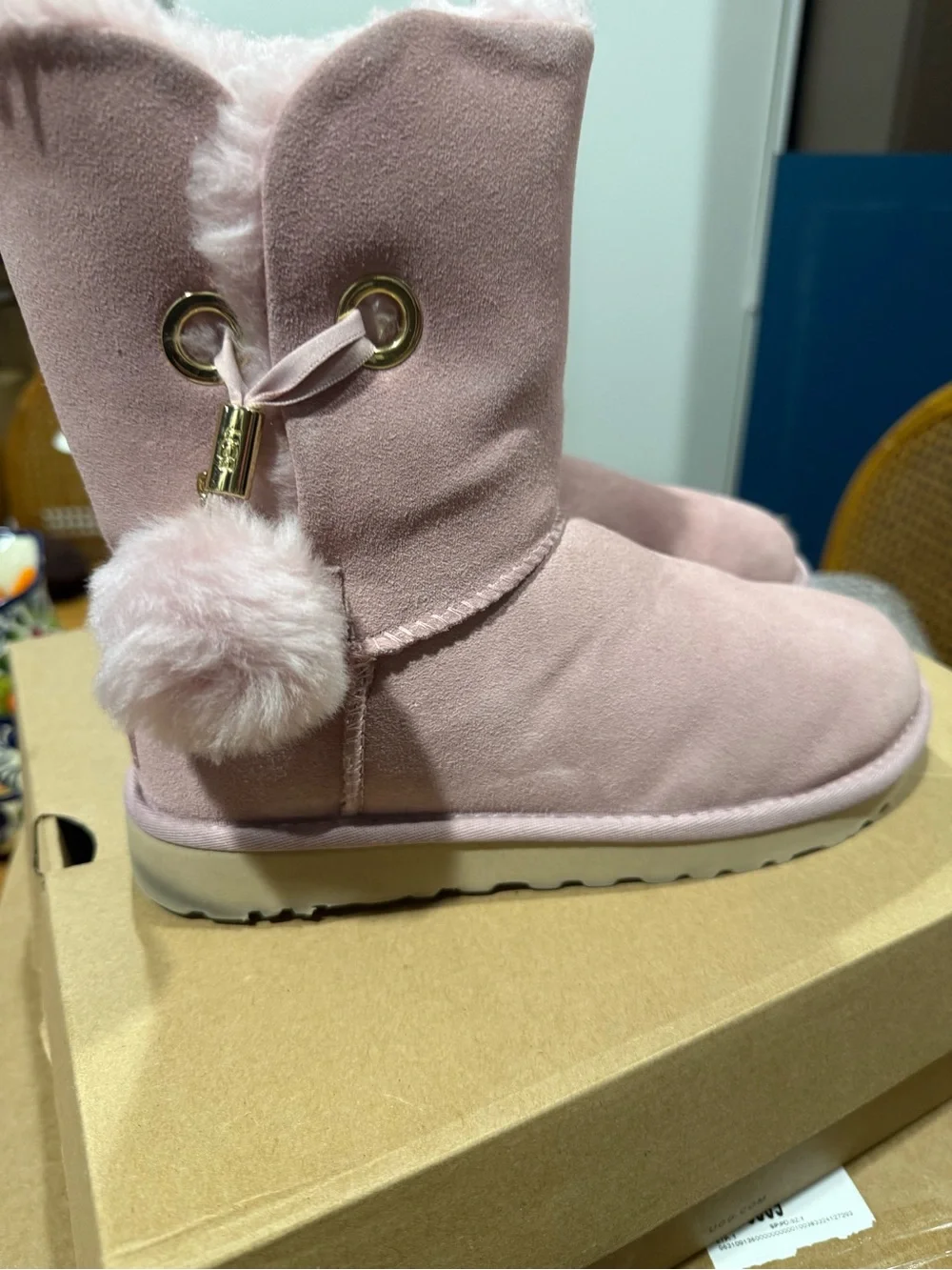 UGG Girls' Pink Faux-Suede Pom Pom Winter Boots
